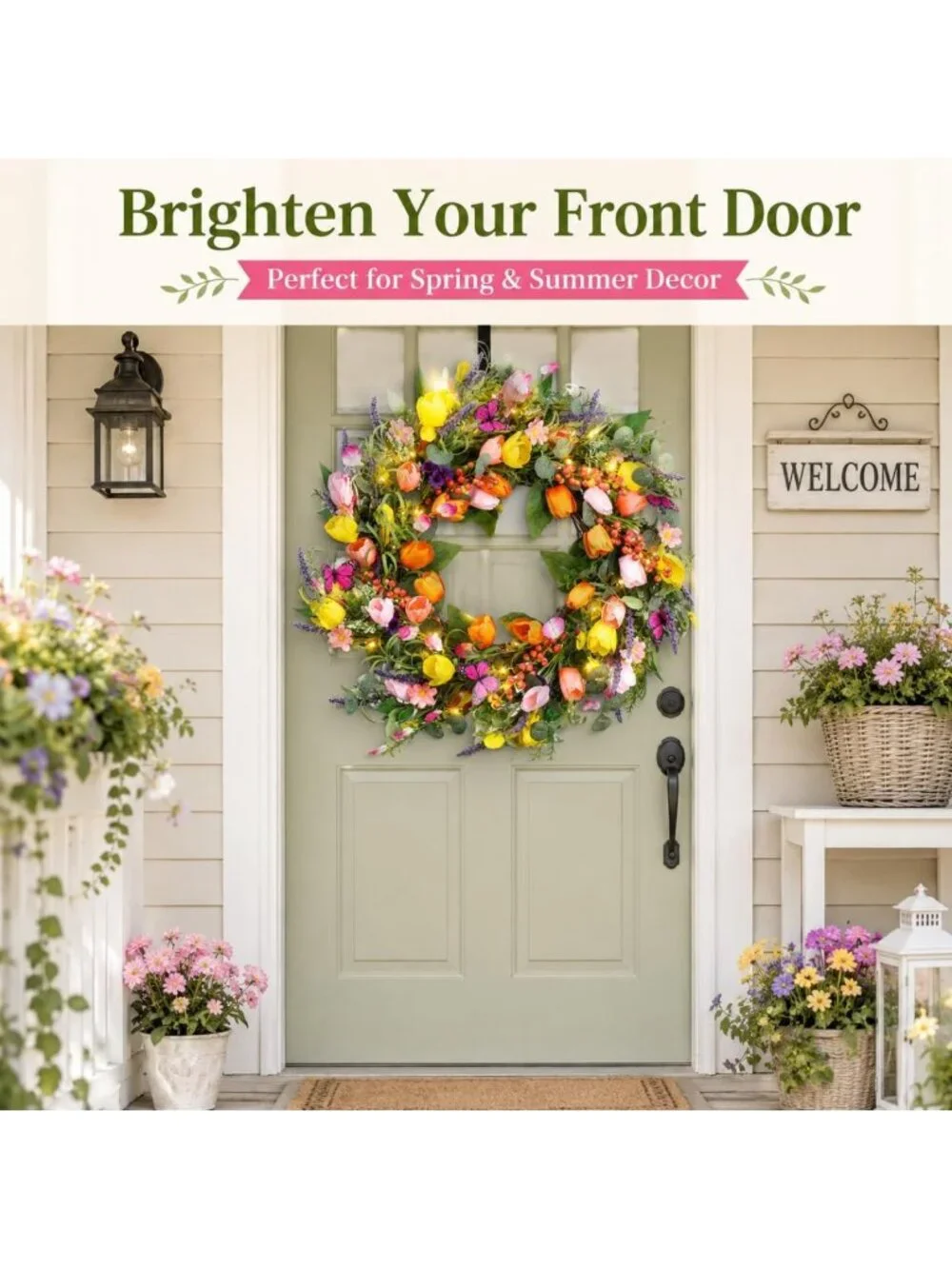 24-Inch Spring Tulip Wreath with Lights & Butterflies for Indoor/Outdoor Decor